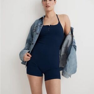 Madewell Blue MWL Seamless Biker Ribbed Halter Unitard Size Small